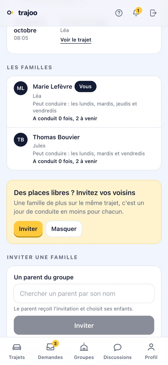 Les familles d'un équipage, avec pour chacune ses jours de conduite et son compteur « A conduit n fois, m à venir ».