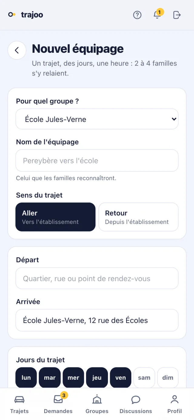 Le formulaire d'un nouvel équipage : le groupe, le nom, le sens du trajet, le départ, l'arrivée et les jours.