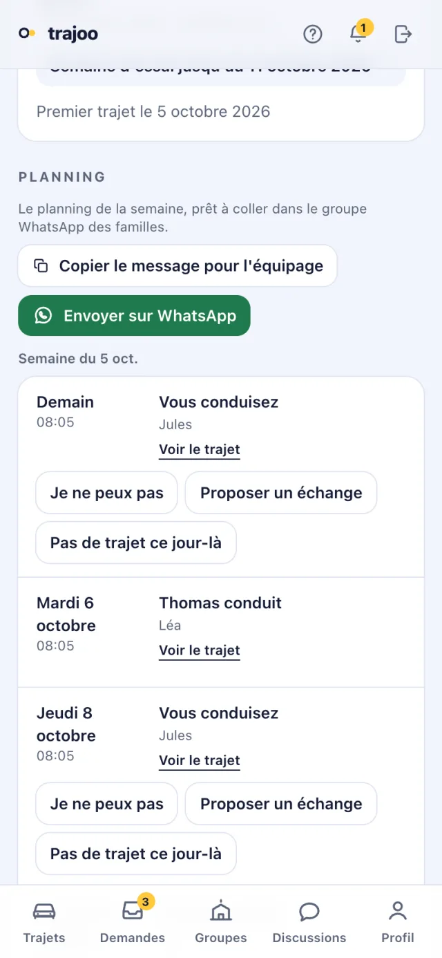 Le planning d'un équipage : qui conduit chaque jour, avec « Je ne peux pas », « Proposer un échange » et « Pas de trajet ce jour-là ».