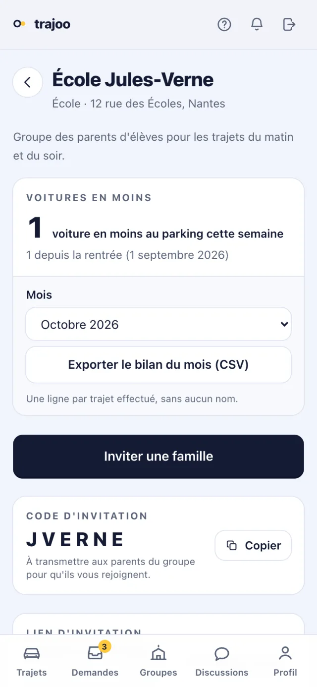 La fiche d'un groupe : son code d'invitation avec le bouton « Copier », puis son calendrier de vacances.
