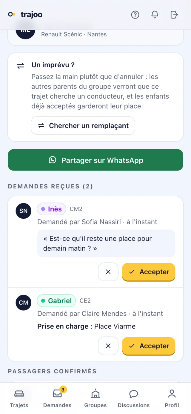 Le panneau « Un imprévu ? » d'un trajet, avec son bouton « Chercher un remplaçant », au-dessus des demandes reçues.