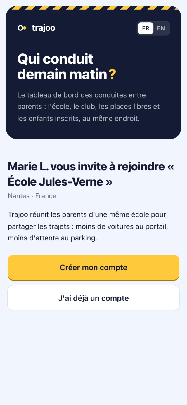 La page d'invitation vue par une famille sans compte : « Marie L. vous invite à rejoindre « École Jules-Verne » ».