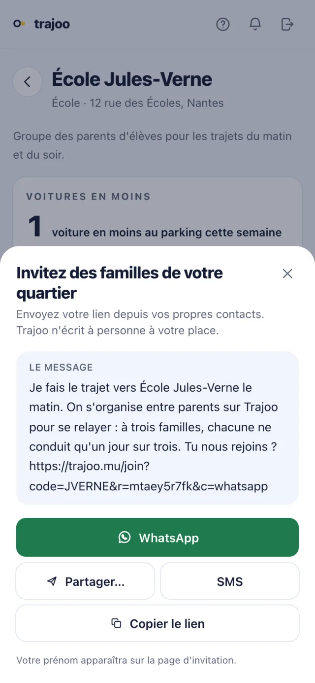 La feuille « Invitez des familles de votre quartier » : le message prêt, puis WhatsApp, Partager, SMS et Copier le lien.