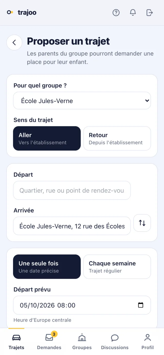 Le formulaire d'un trajet ponctuel : groupe, sens, départ et arrivée, puis le choix entre une seule fois et chaque semaine.