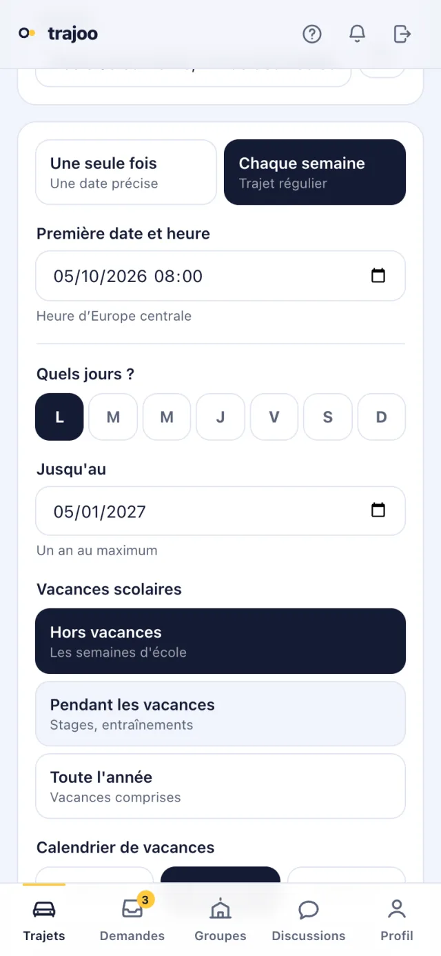 Le formulaire d'un trajet régulier : jours de la semaine, date de fin, et règle sur les vacances scolaires.