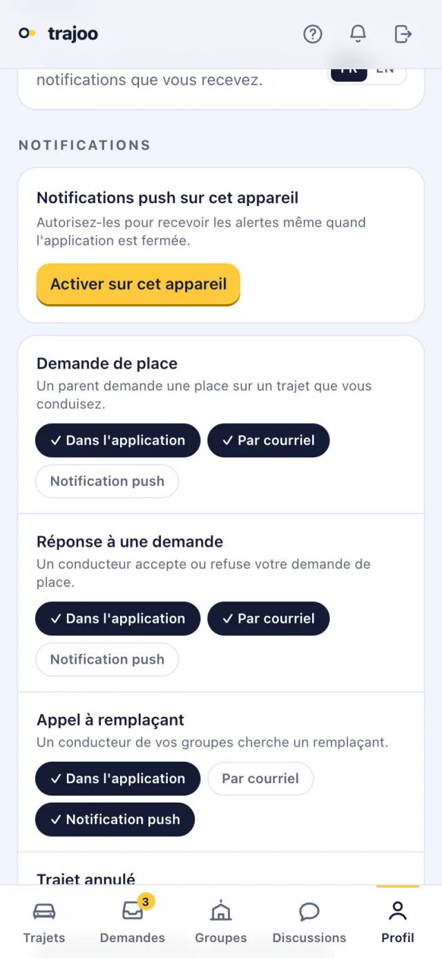 Les réglages de notifications : l'activation sur l'appareil, puis les canaux de chaque évènement.