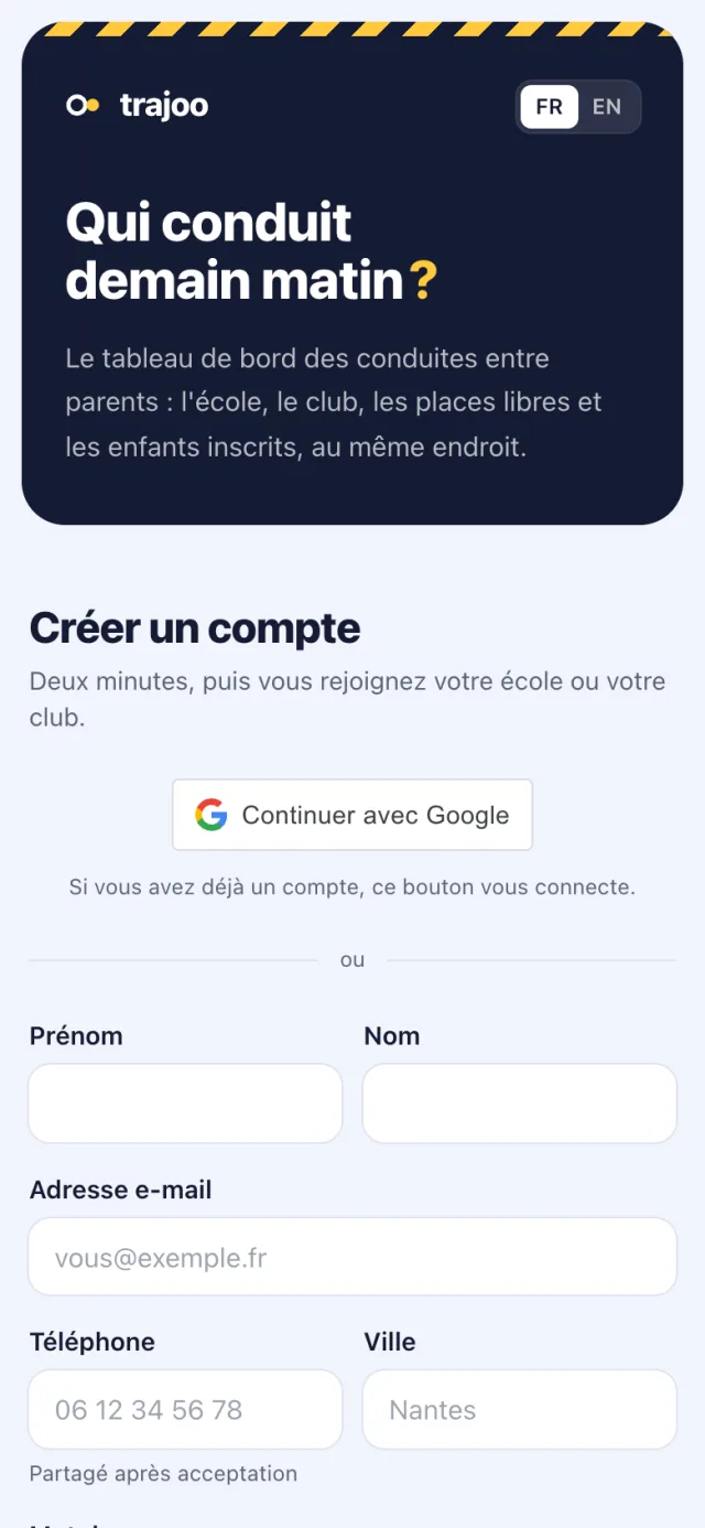 Le formulaire de création de compte, avec le bouton Google au-dessus des champs.