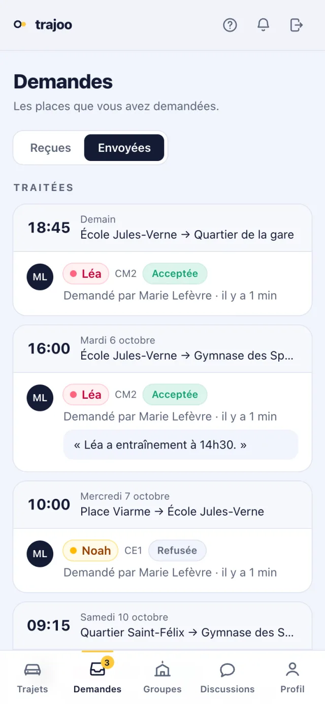 L'onglet « Envoyées » : chaque demande avec son trajet et son état.