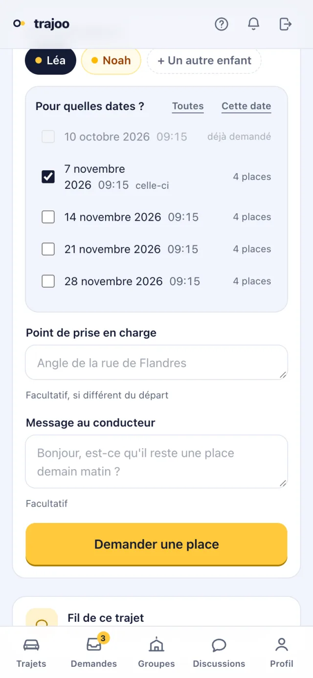 Le choix des dates d'un trajet régulier : plusieurs samedis cochés, chacun avec ses places restantes.