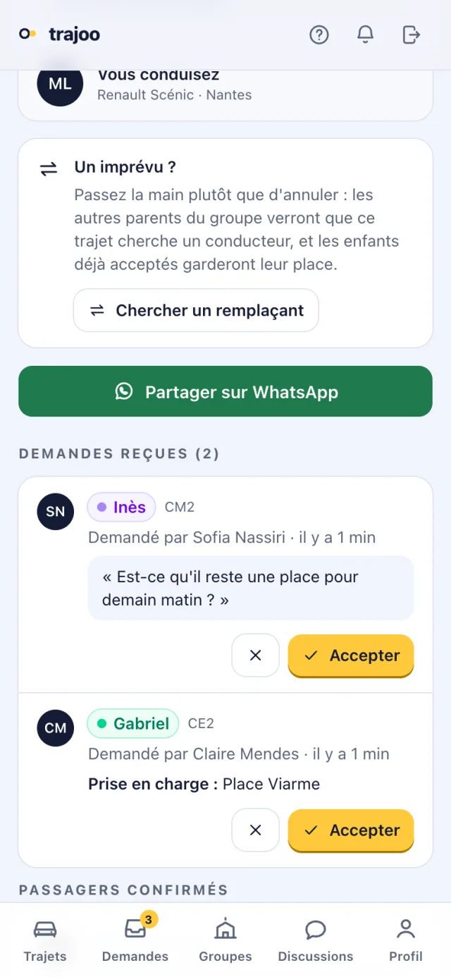 La fiche d'un trajet avec des places libres et son bouton « Partager sur WhatsApp ».