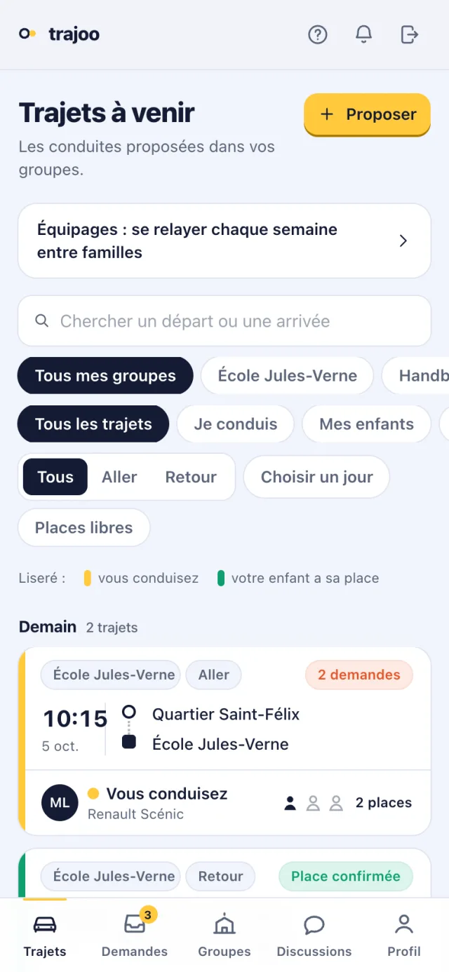 La liste des trajets à venir, avec la recherche, les filtres par groupe et par sens, et deux trajets du lendemain.